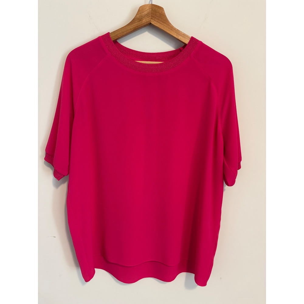 Gerard Darel Paris Pink Crepe Blouse Metallic Trim Short Sleeve Top Size 40 M
